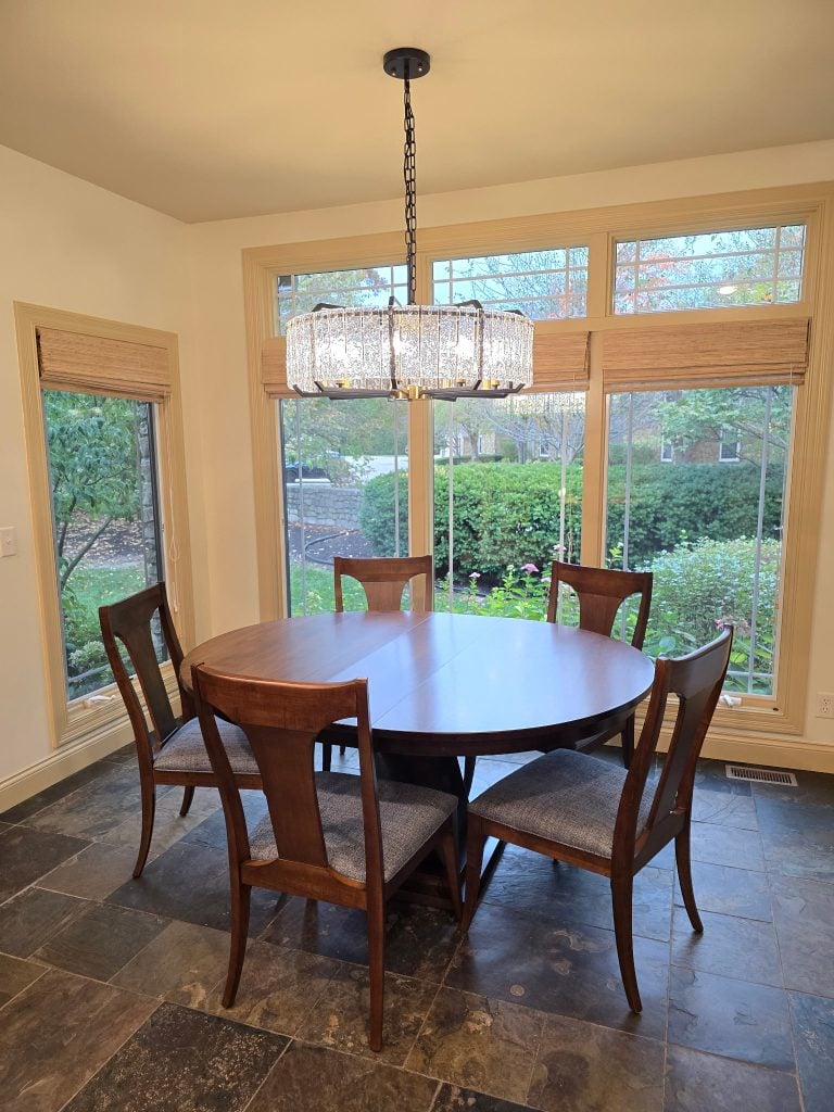 Concord Round Table 54'' in Hard Maple with Two 12'' Skirted Leaves; Asbury Brown Stain; 30'' H