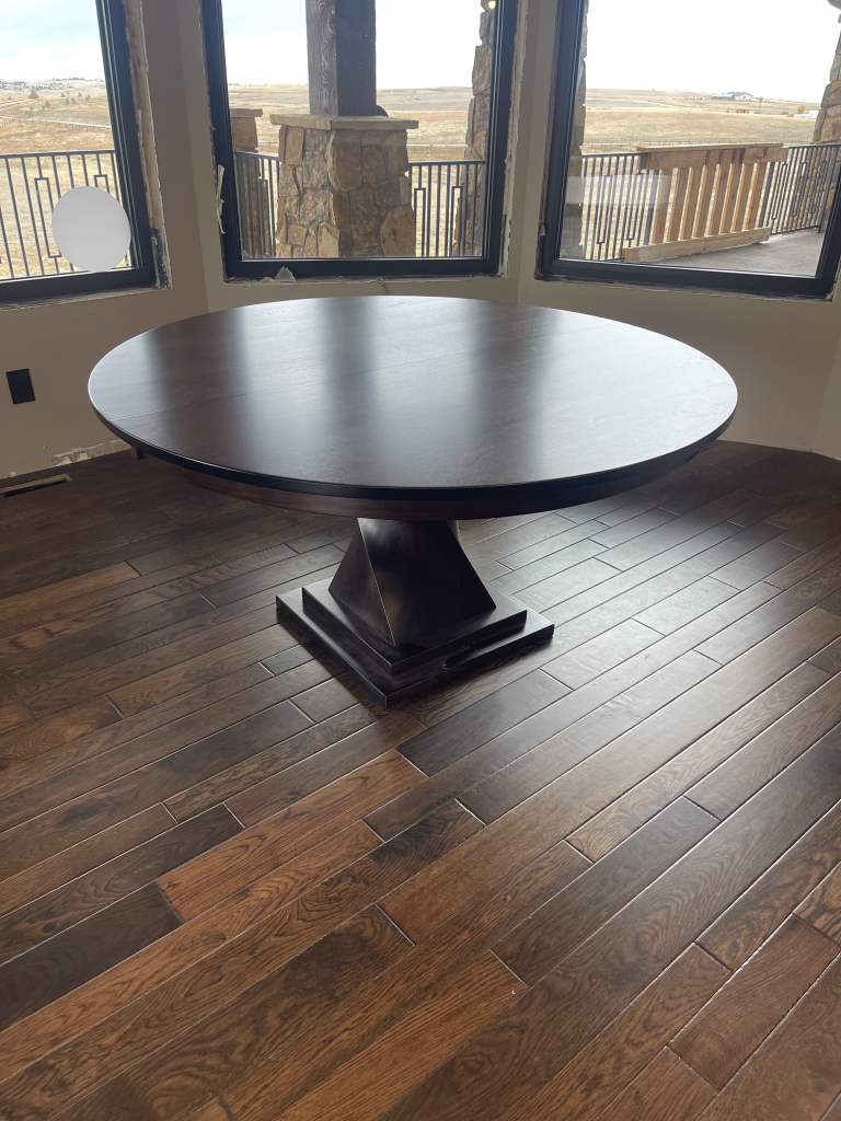 Concord Round Table 60'' in Premium Walnut with Two 12'' Leaves; Earthtone Stain