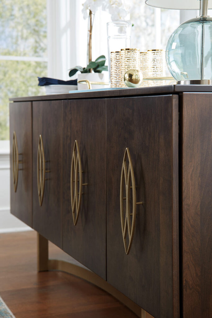 Ria Server - Cherry Wood Gold Metal Base - Earthtone Room Setting Side View