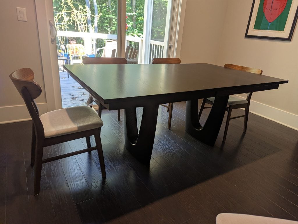 42x72 Rectangular Top; Can be Used with 12" leaves added to the center; oak; Ebony stain