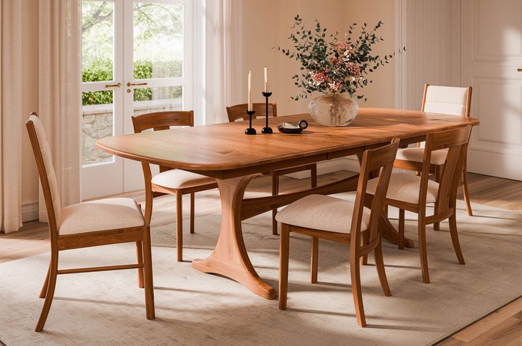 Katelyn Table, Simon Upholstered Chairs, Harvey Chairs, - All made from Brown Maple with Medium Walnut Stain