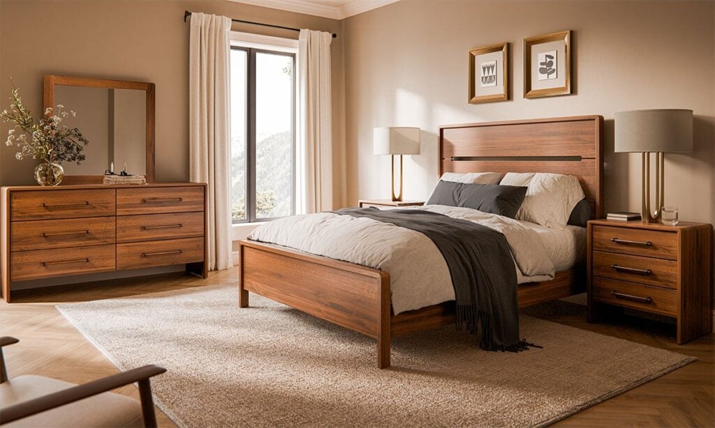 Amy Bed - Walnut - Natural - shown with optional wooden headboard and footboard