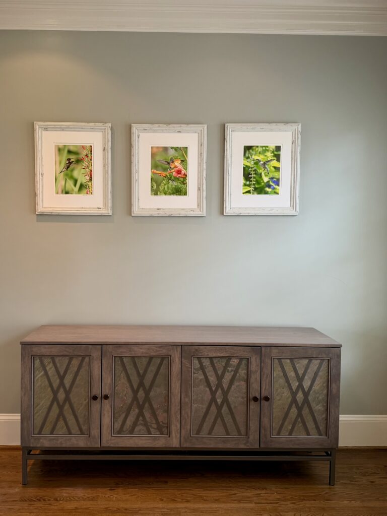 Hard Maple; Stain Driftwood (D22A01376); 
Size: 72"w x 20 1⁄2"d x 33"h;
Door Insert Design: Glimmer Leaf
Slate; Metal Color: Gunmetal Gray